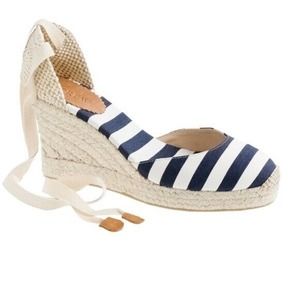 J. Crew Espadrille Wedges Ankle Wrap Striped Canvas Fabric Platform Heel Size 9
